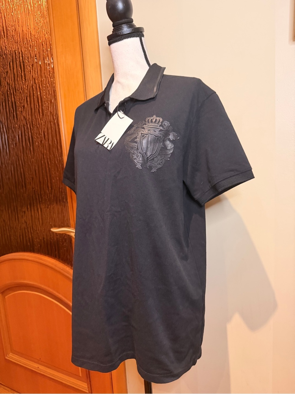 Zara Black Polo with Embroidered Crest emblem Sz XL